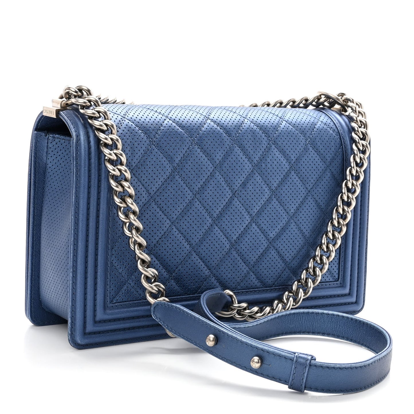 Perforated Lambskin Quilted New Medium Boy Flap Blue