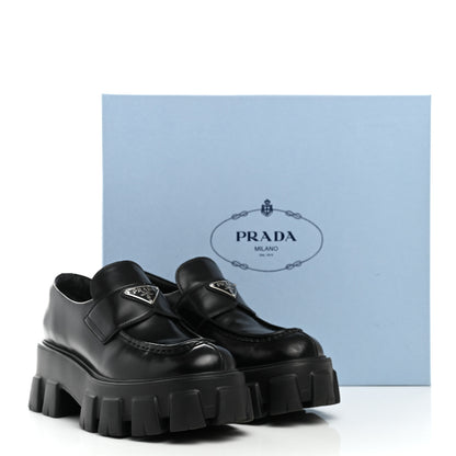 Prada Spazzolato Rois Metal Triangle Logo Monolith 55mm Loafers 37.5 Black 12 of 12