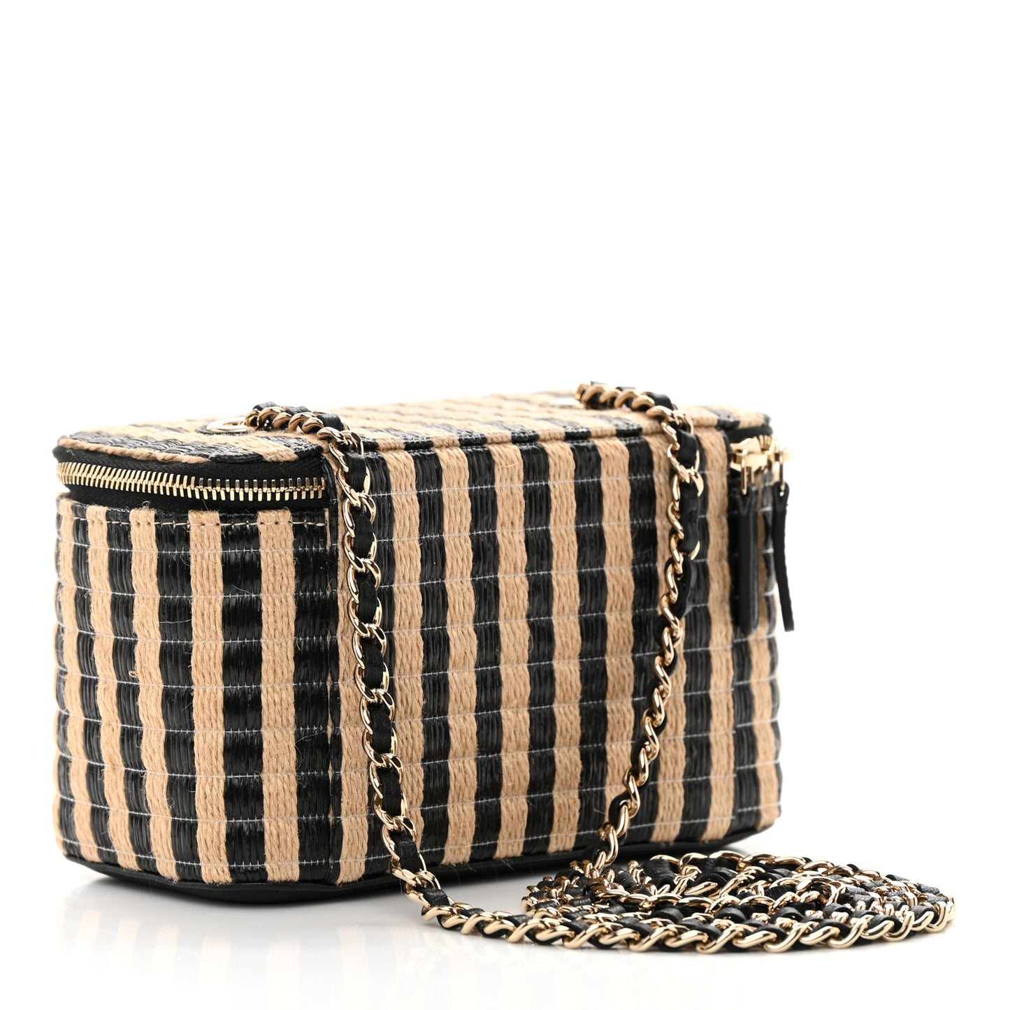 Raffia Jute Striped Small Vanity Case With Chain Black Beige