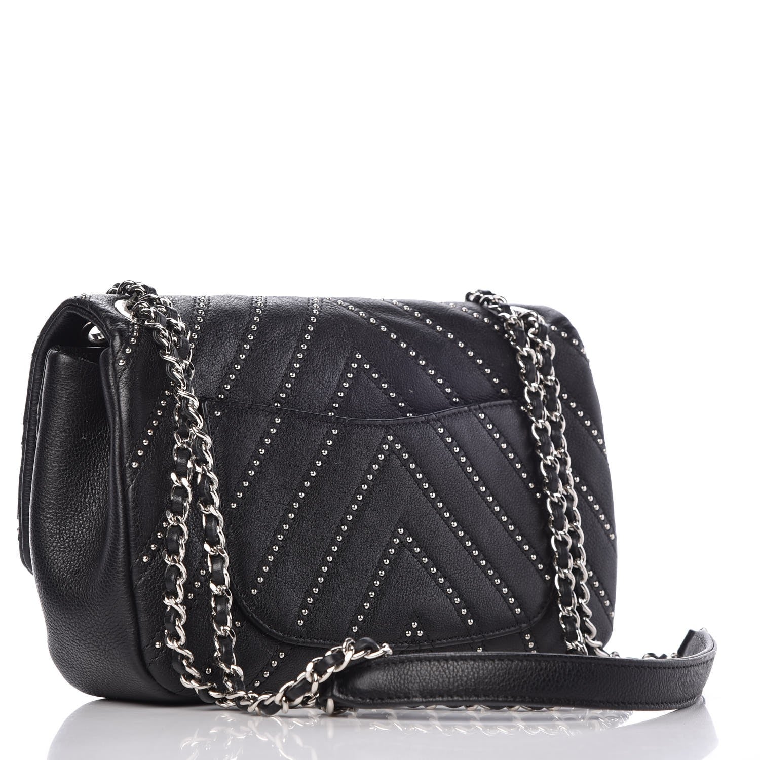 Chanel Calfskin Studded Chevron Quilted Wars Flap Black 3 of 10