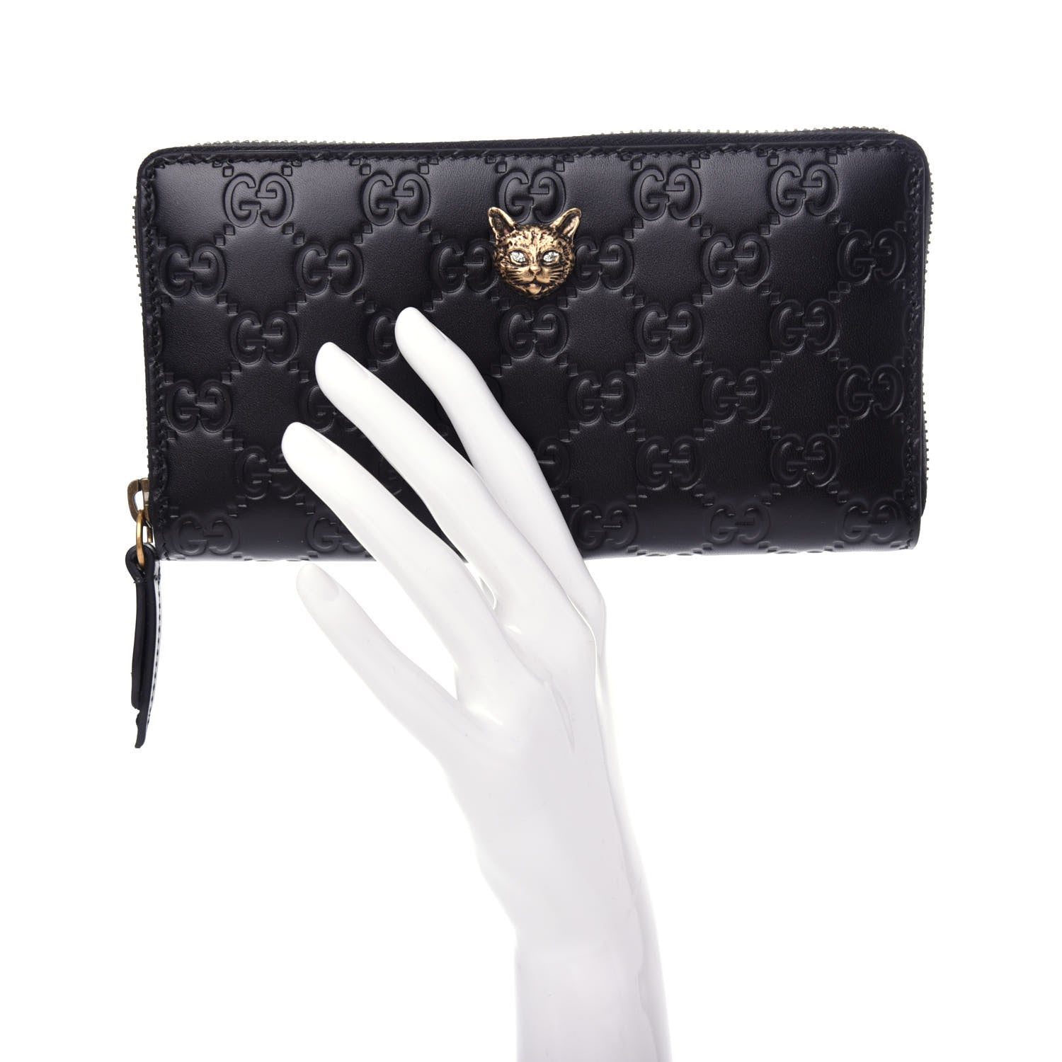 Gucci Guccissima Signature Crystal Cat Zip Around Wallet Black 2 of 8
