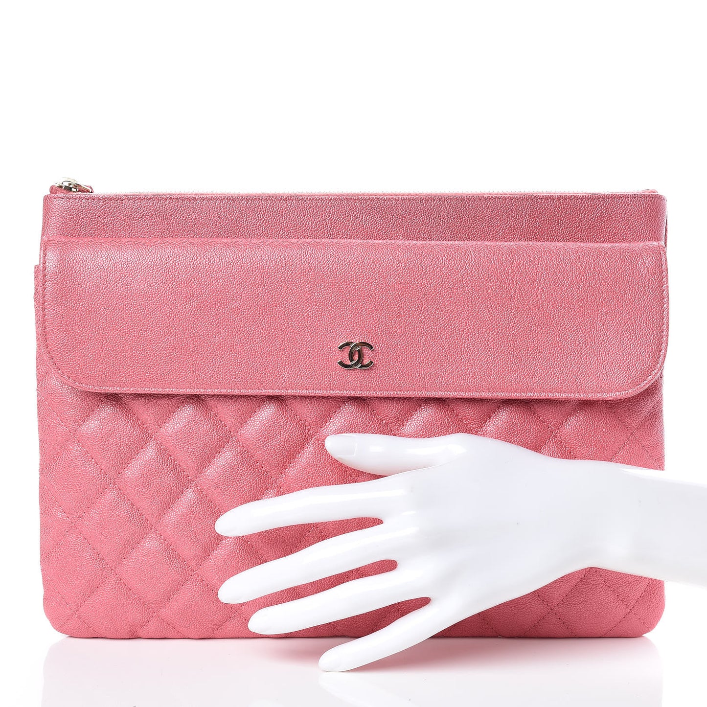 Iridescent Caviar Quilted Medium Flap Cosmetic Case Pink