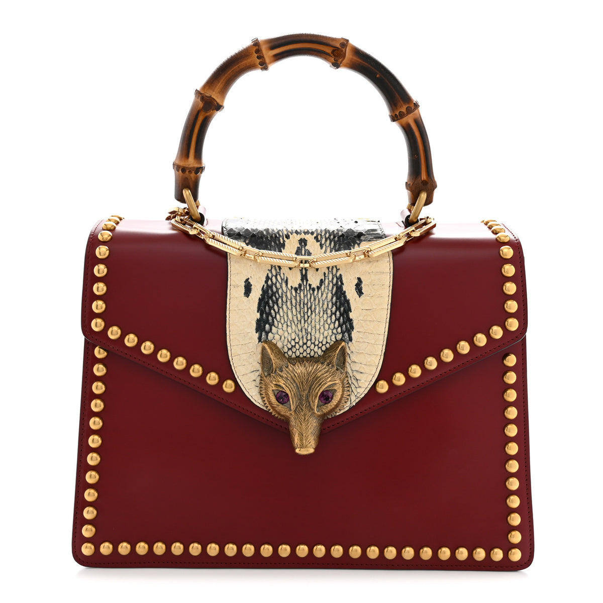 Gucci Glossy Calfskin Snakeskin Studded Fox Broche Bamboo Top Handle Bag Red 1 of 10