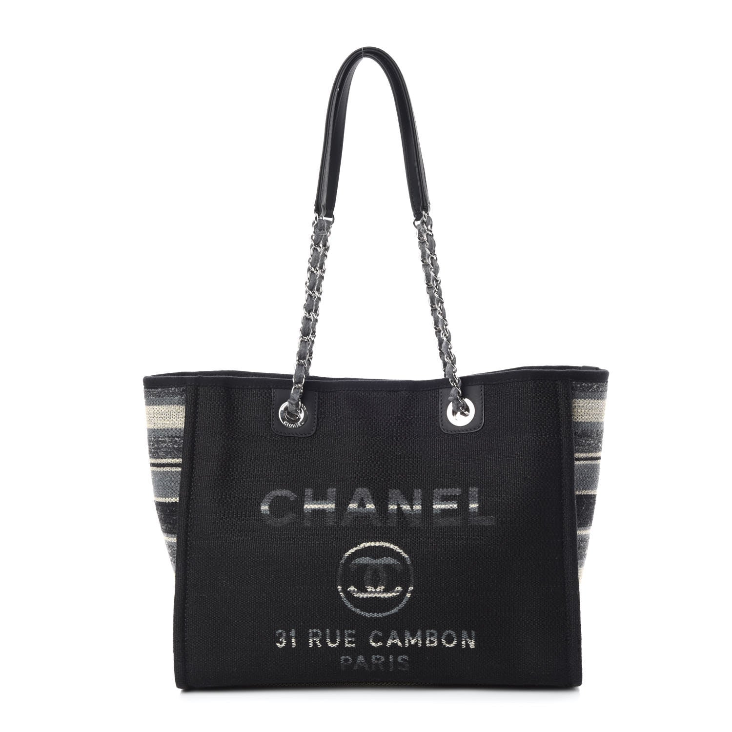 Chanel Striped Canvas Small Deauville Tote Grey Black 1 of 10