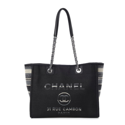 Chanel Striped Canvas Small Deauville Tote Grey Black 1 of 10