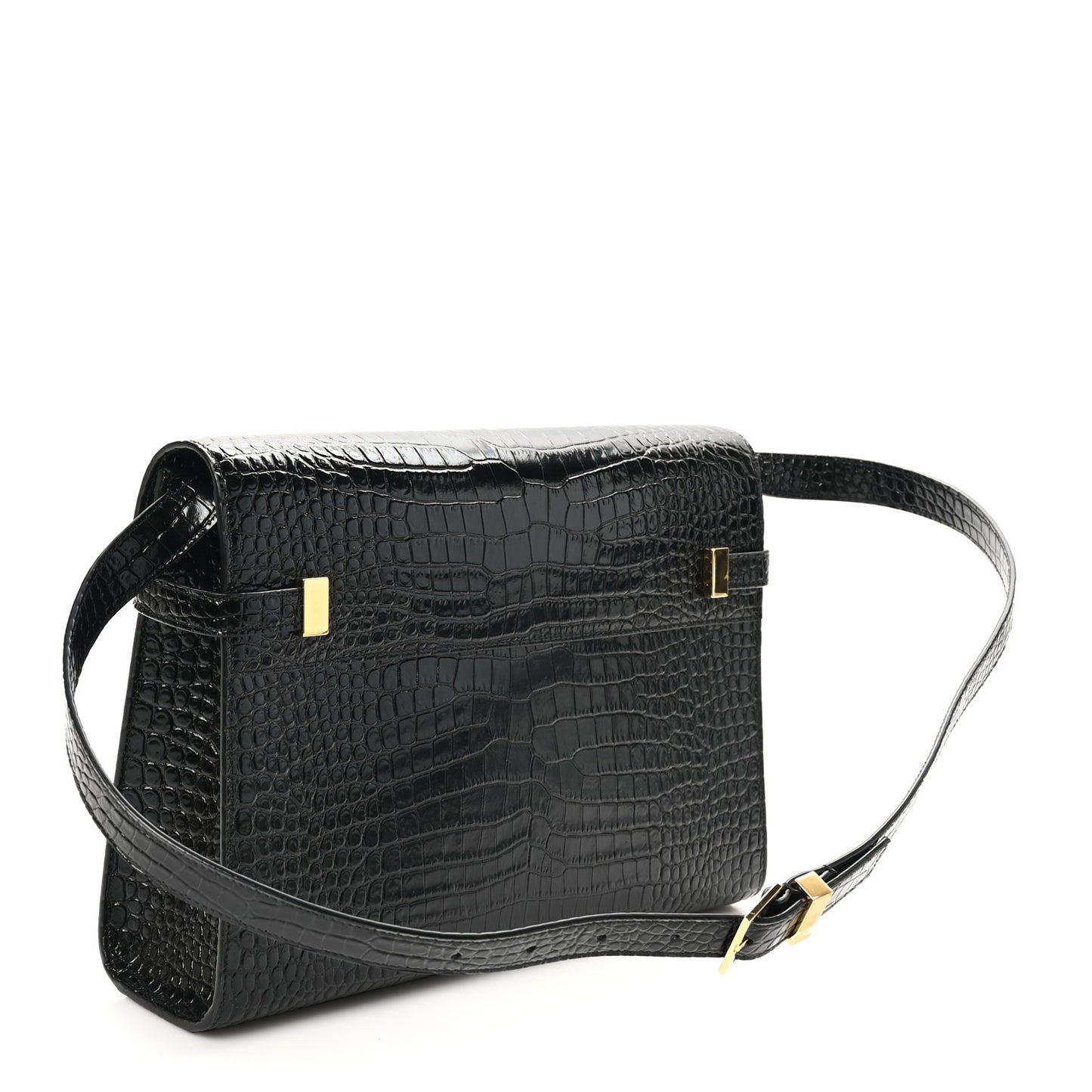 Shiny Calfskin Crocodile Embossed Manhattan Baguette Black