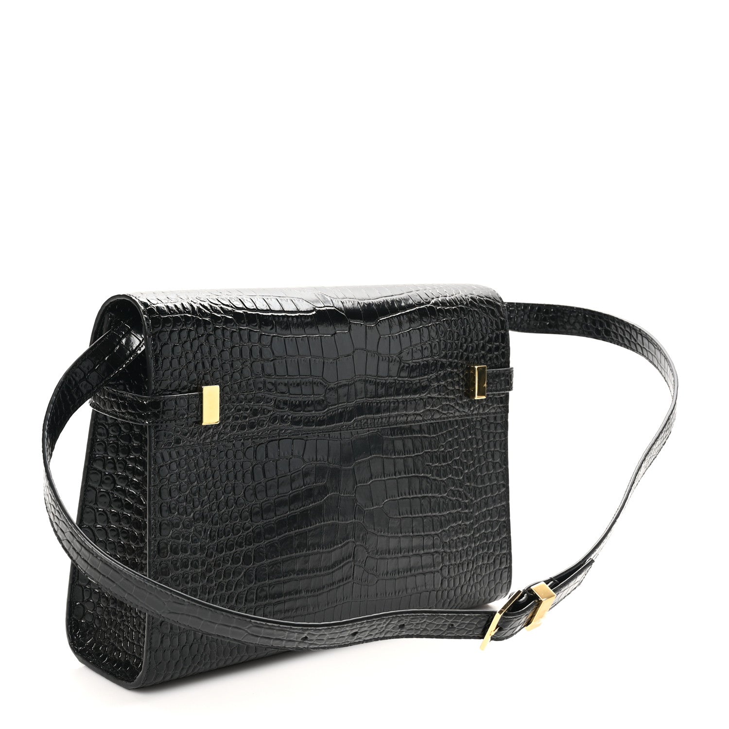 Saint Laurent Shiny Calfskin Crocodile Embossed Manhattan Baguette Black 2 of 10