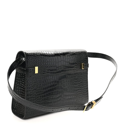 Saint Laurent Shiny Calfskin Crocodile Embossed Manhattan Baguette Black 2 of 10