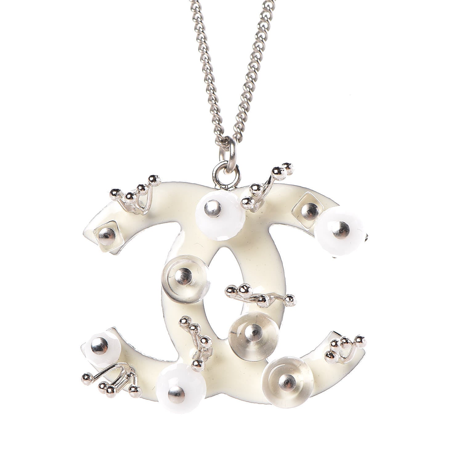 Chanel Enamel Beaded CC Necklace Silver White 4 of 6