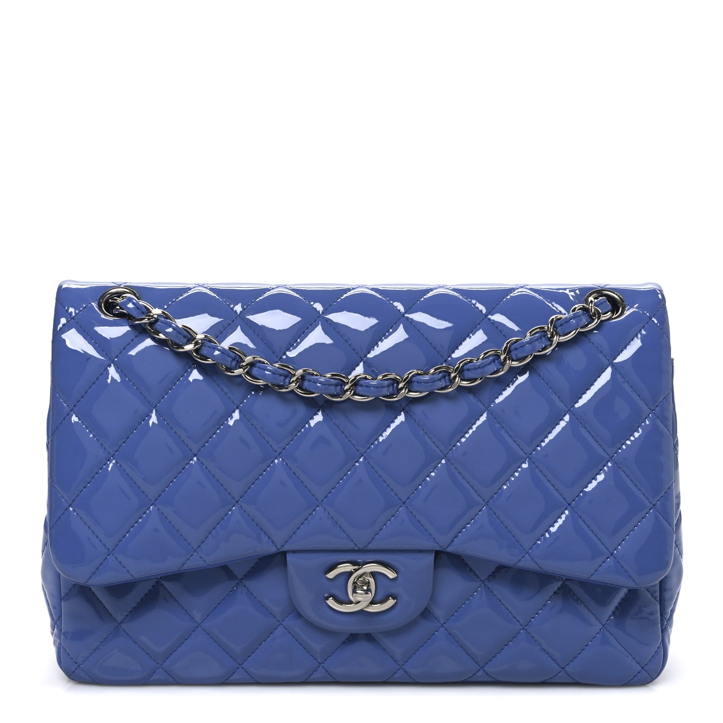 Patent Calfskin Quilted Jumbo Double Flap Blue