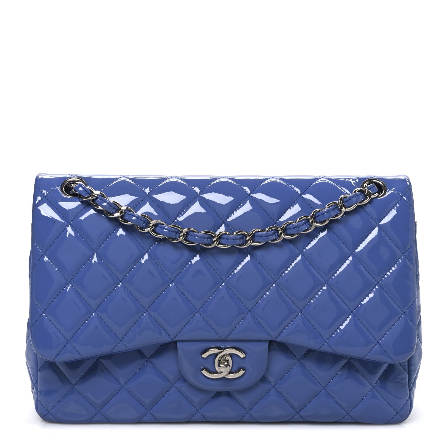 Chanel Patent Calfskin Quilted Jumbo Double Flap Blue 1 of 10