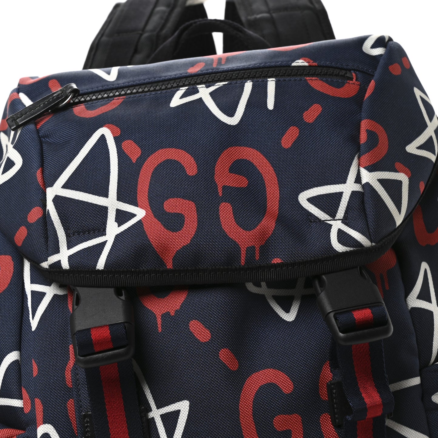 Techno Canvas GucciGhost Double Buckle Backpack Blue Agata Hibiscus Red