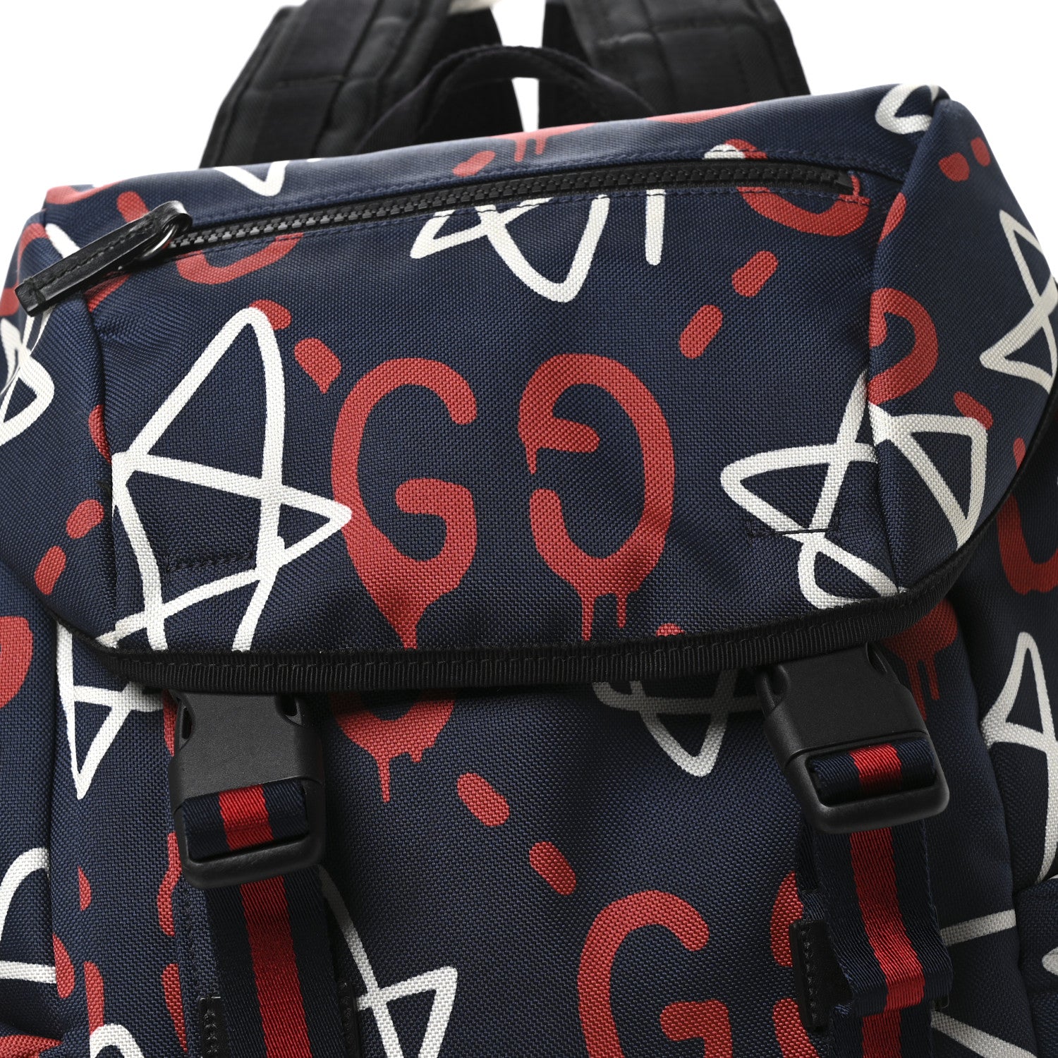 Gucci Techno Canvas GucciGhost Double Buckle Backpack Blue Agata Hibiscus Red 8 of 10