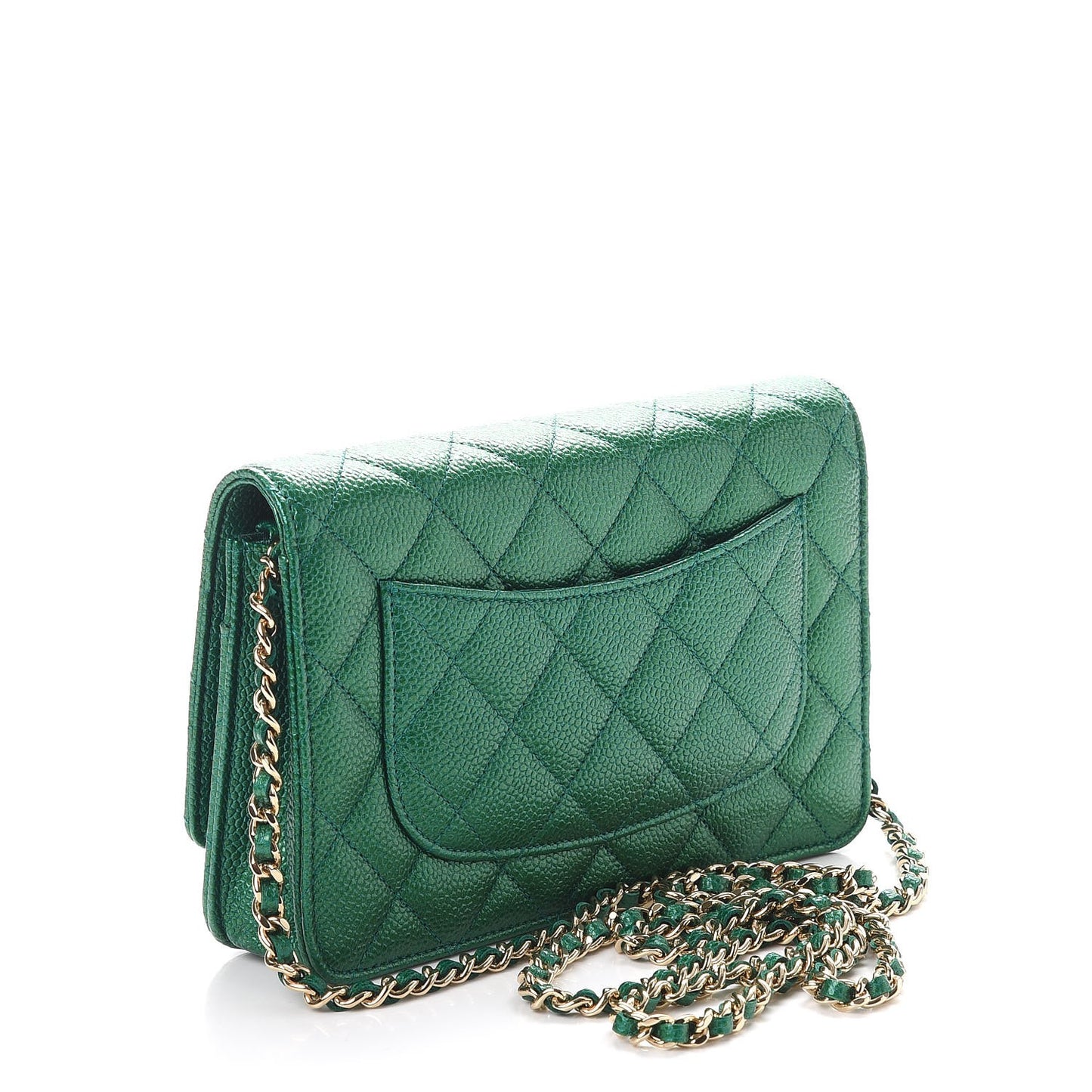 Metallic Caviar Quilted Wallet On Chain WOC Green