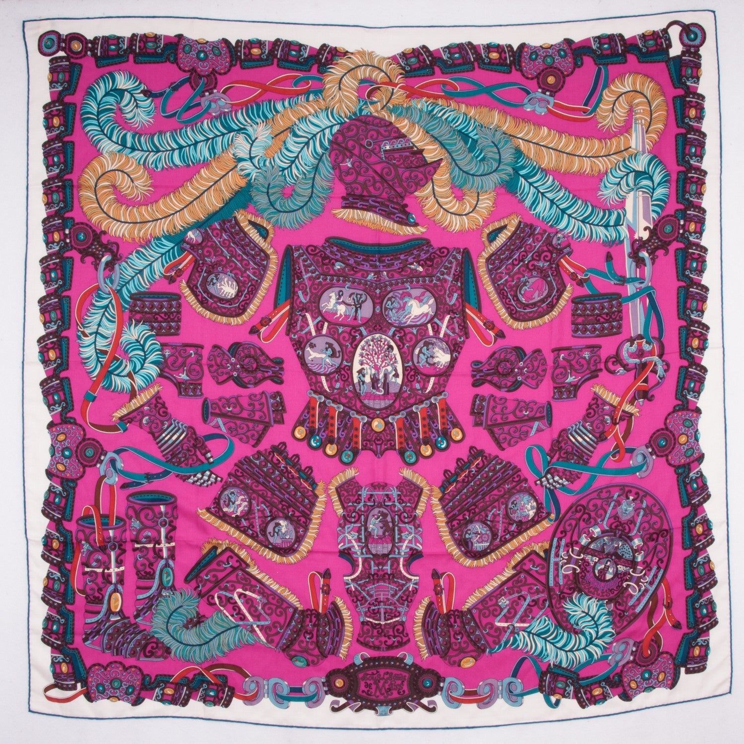 Hermes Cashmere Silk Sous L'Egide De Mars Shawl 140 Rose Vif Canard Prune 2 of 5