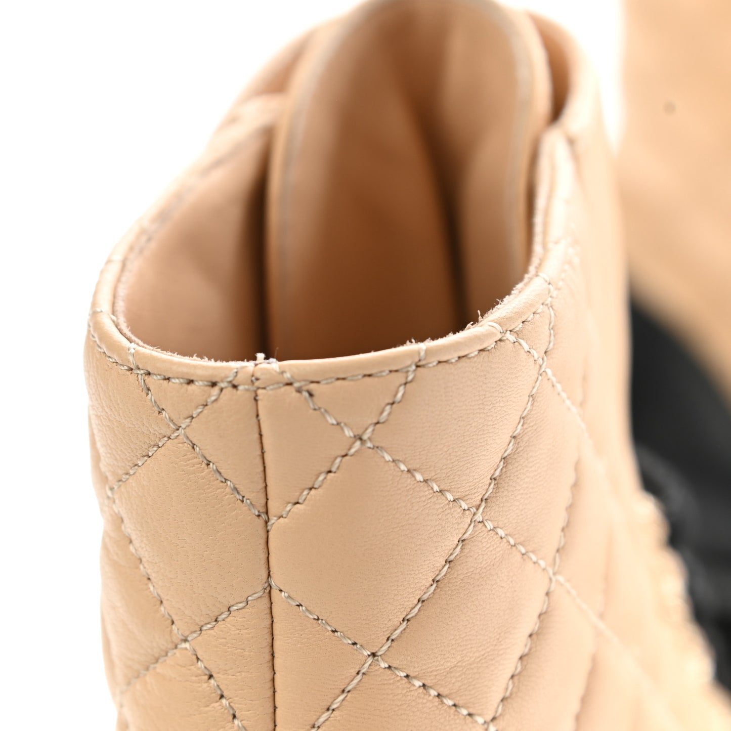 Lambskin Calfskin Quilted Lace Up Combat Boots 37.5 Beige Black
