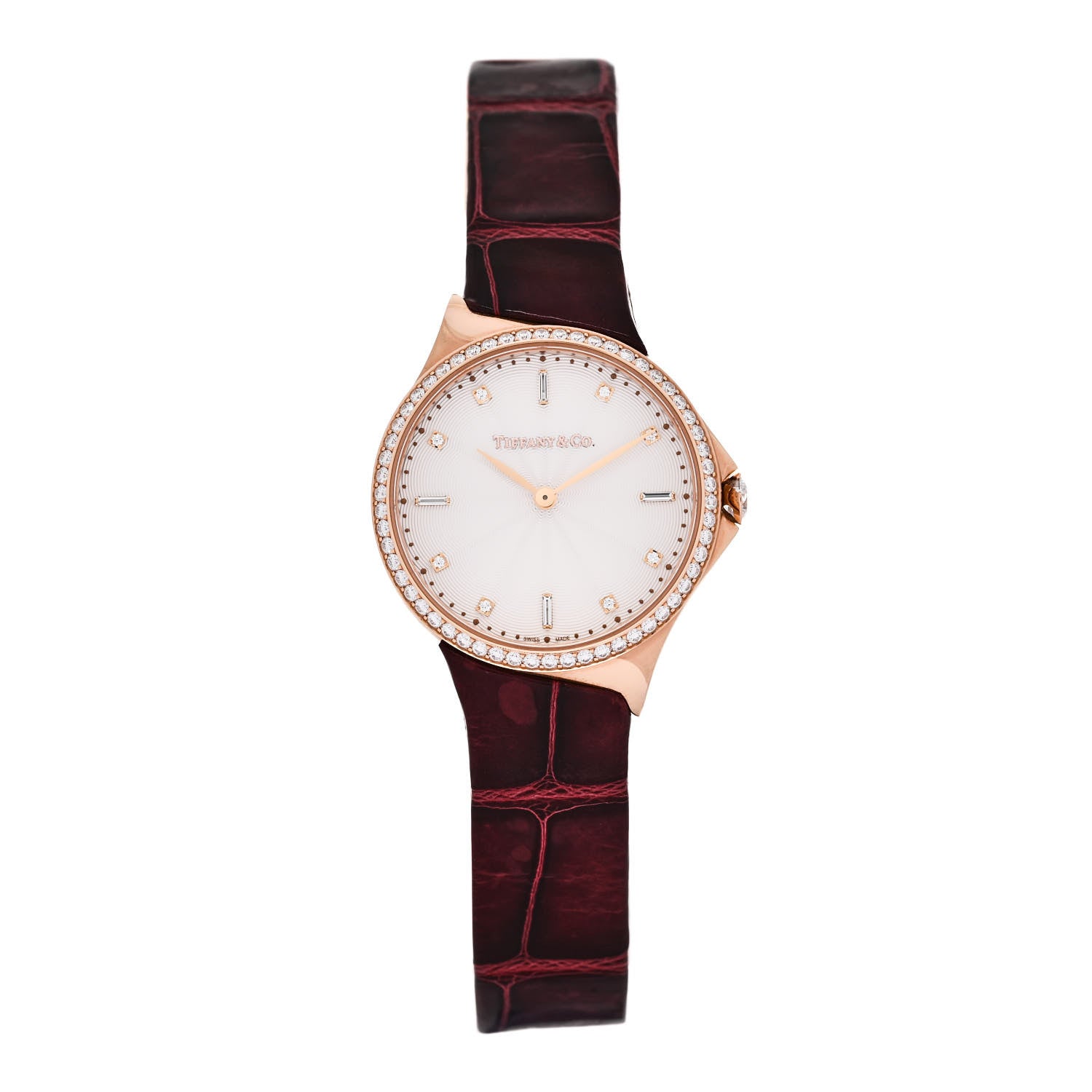 Tiffany 18K Rose Gold Alligator Diamond Bezel 28mm Metro Quartz Watch Brown 1 of 5