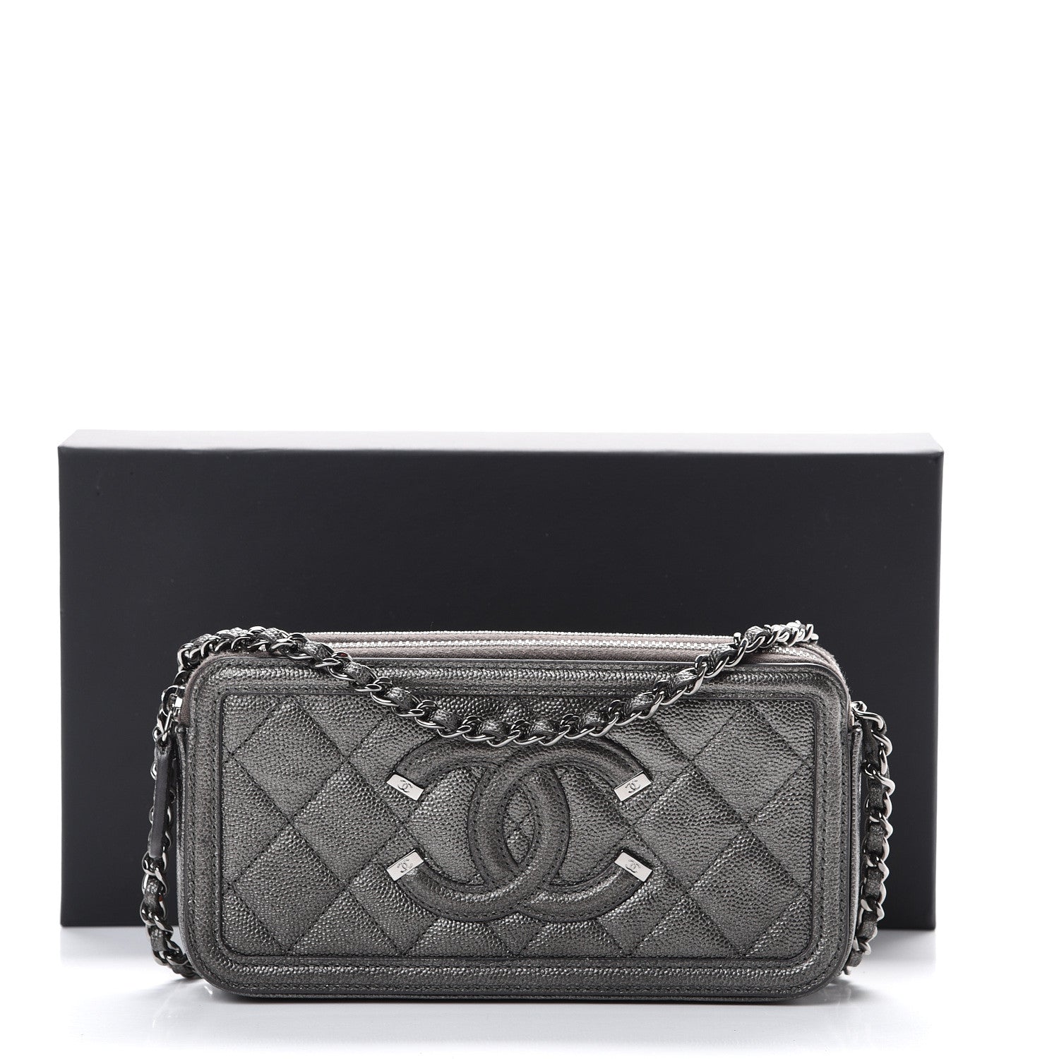 Chanel Metallic Caviar Quilted CC Filigree Clutch With Chain Dark Silver 13 of 13