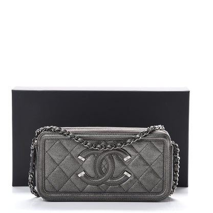 Chanel Metallic Caviar Quilted CC Filigree Clutch With Chain Dark Silver 13 of 13