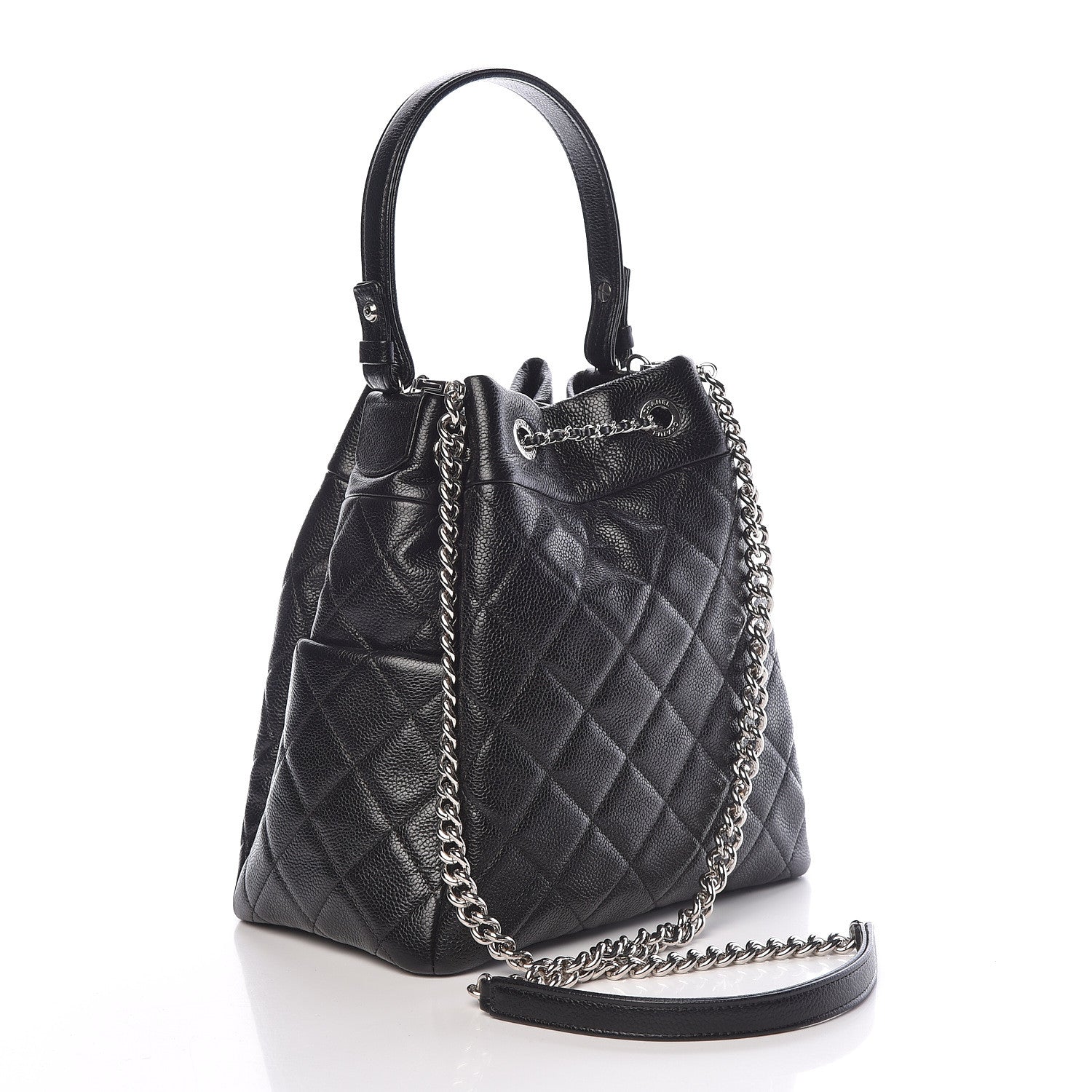 Chanel Grained Calfskin Quilted Medium CC Chain Bucket Drawstring Bag Black 3 of 11