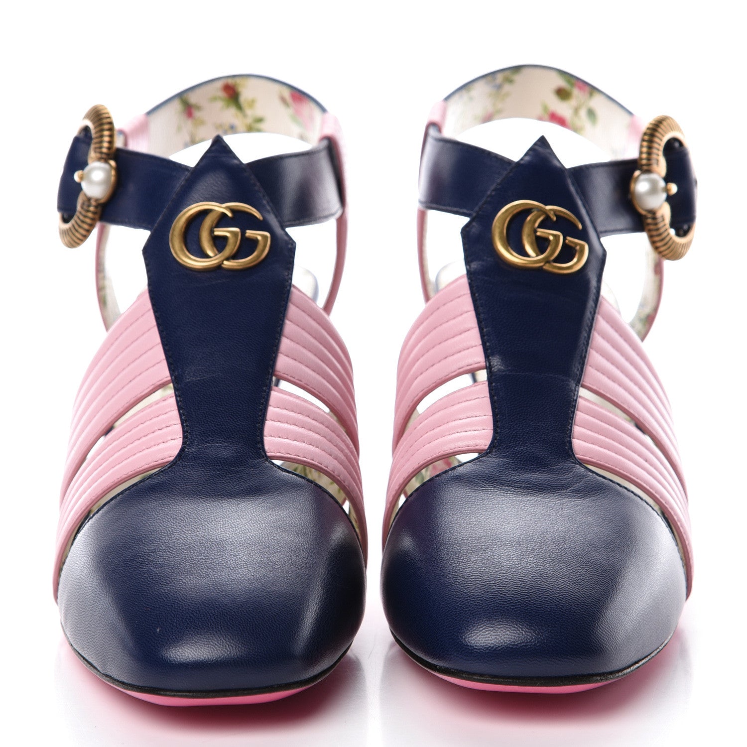 Gucci Malaga Kid Mid Heel T Strap Sandals 36.5 Royal Bluette Sugar Pink 2 of 9