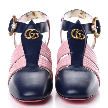 Gucci Malaga Kid Mid Heel T Strap Sandals 36.5 Royal Bluette Sugar Pink 2 of 9