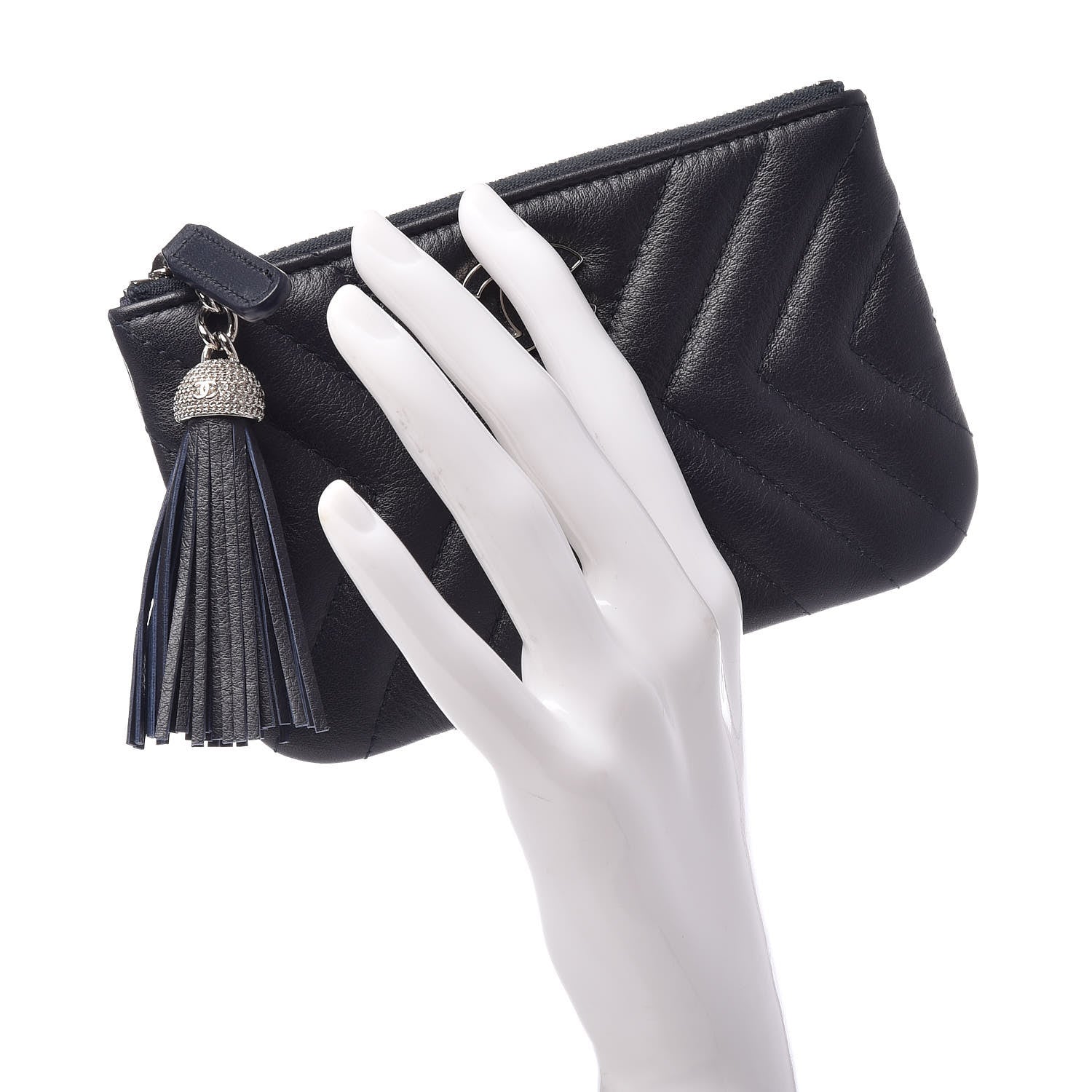 Chanel Calfskin Chevron Quilted Tassel Small Cosmetic Case Navy 2 of 7