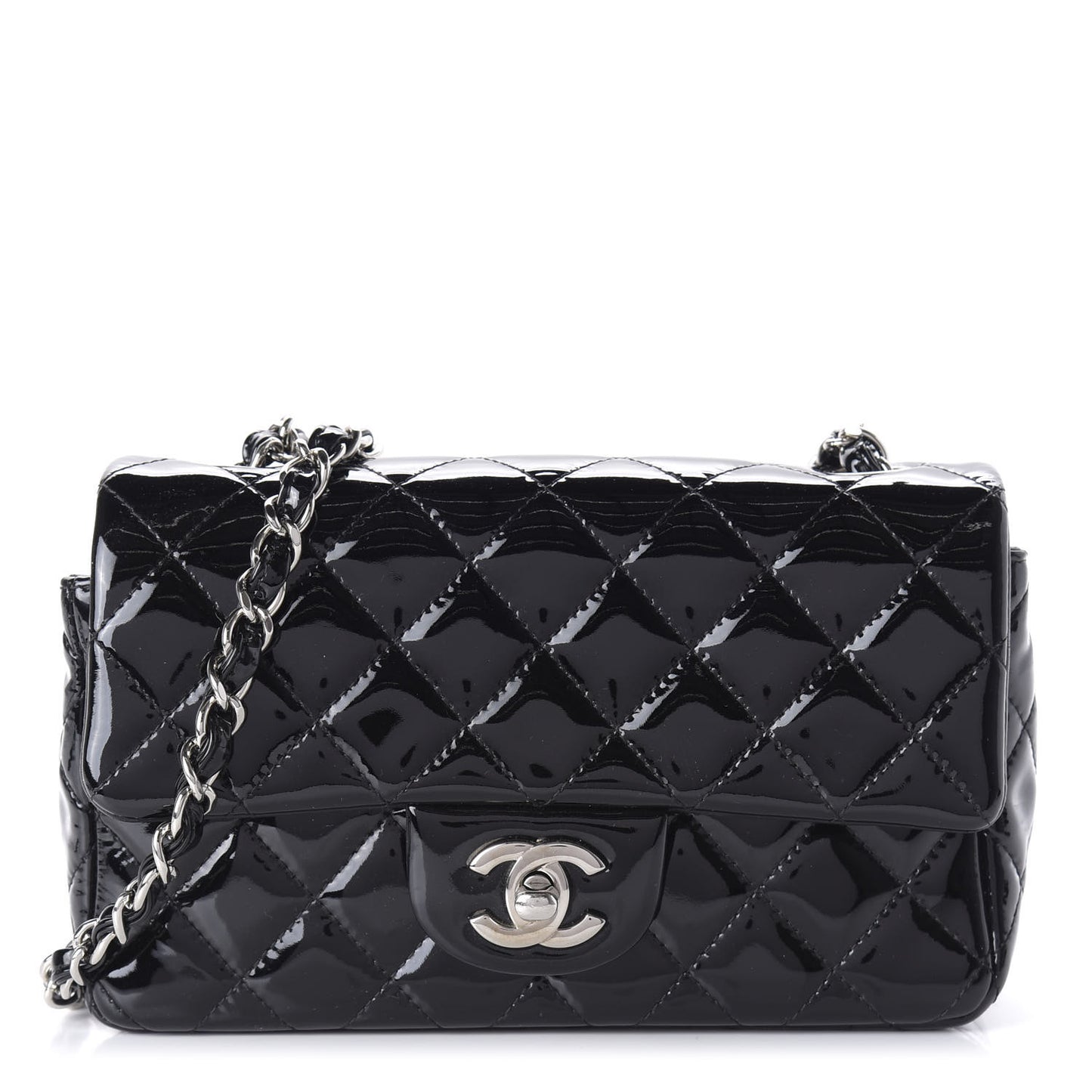 Patent Calfskin Quilted Mini Rectangular Flap Black