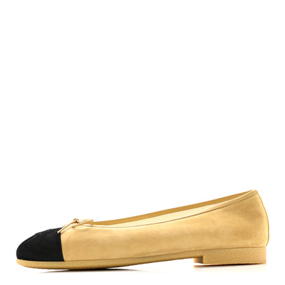 Chanel Suede Goatskin Cap Toe CC Ballerina Flats 38 Beige Black 1 of 10
