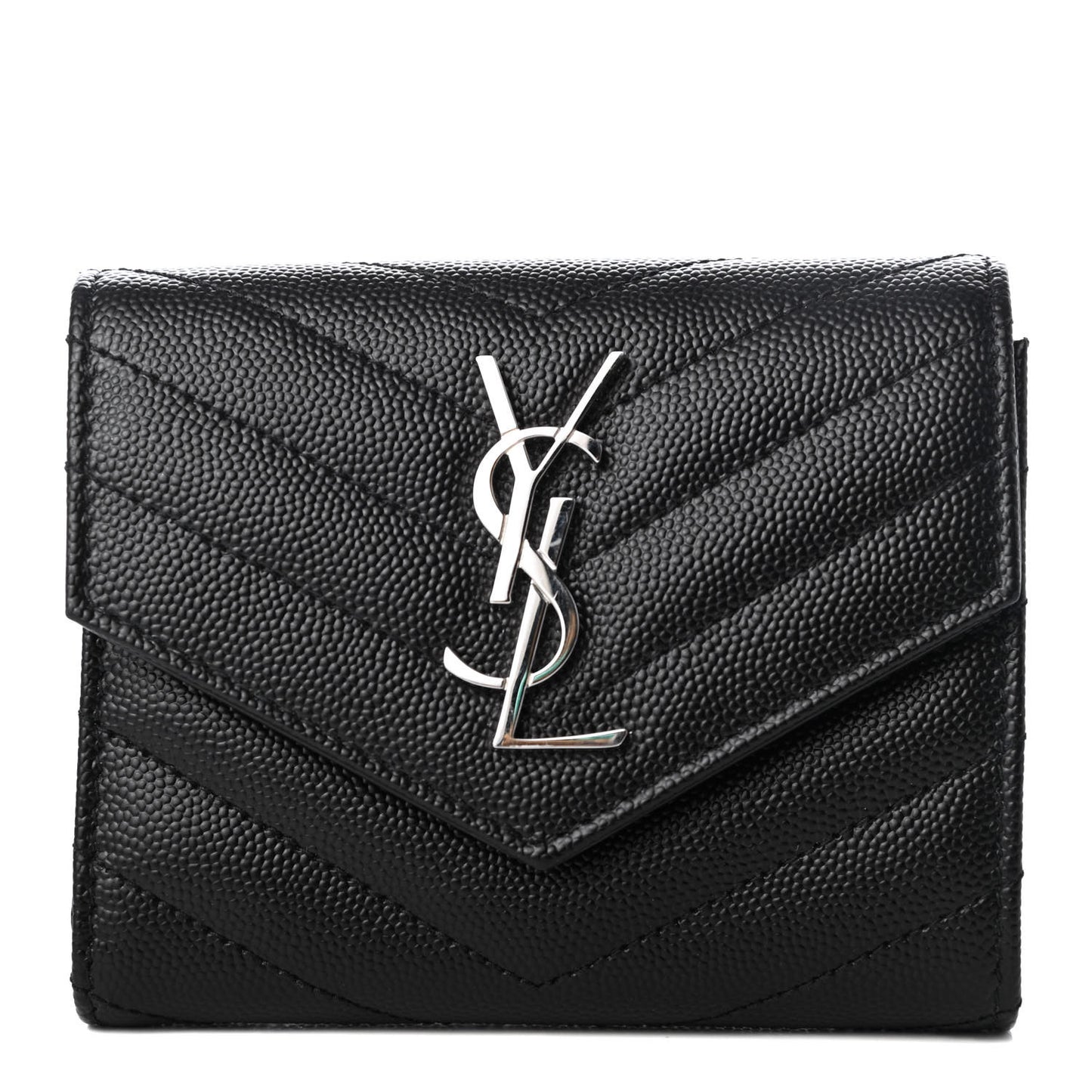 Grain De Poudre Matelasse Chevron Monogram Compact Tri Fold Wallet Black