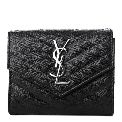 Saint Laurent Grain De Poudre Matelasse Chevron Monogram Compact Tri Fold Wallet Black 1 of 7
