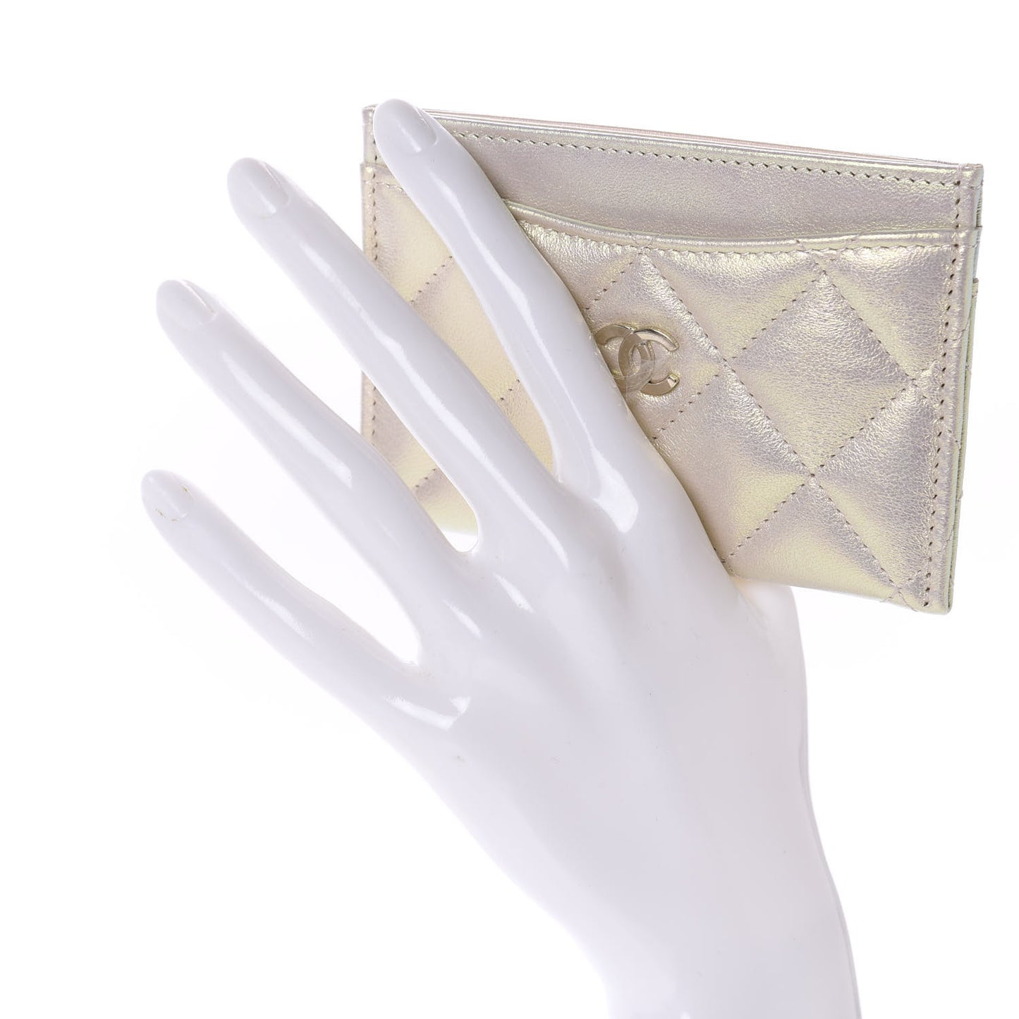 Iridescent Lambskin Quilted Card Holder Ivory