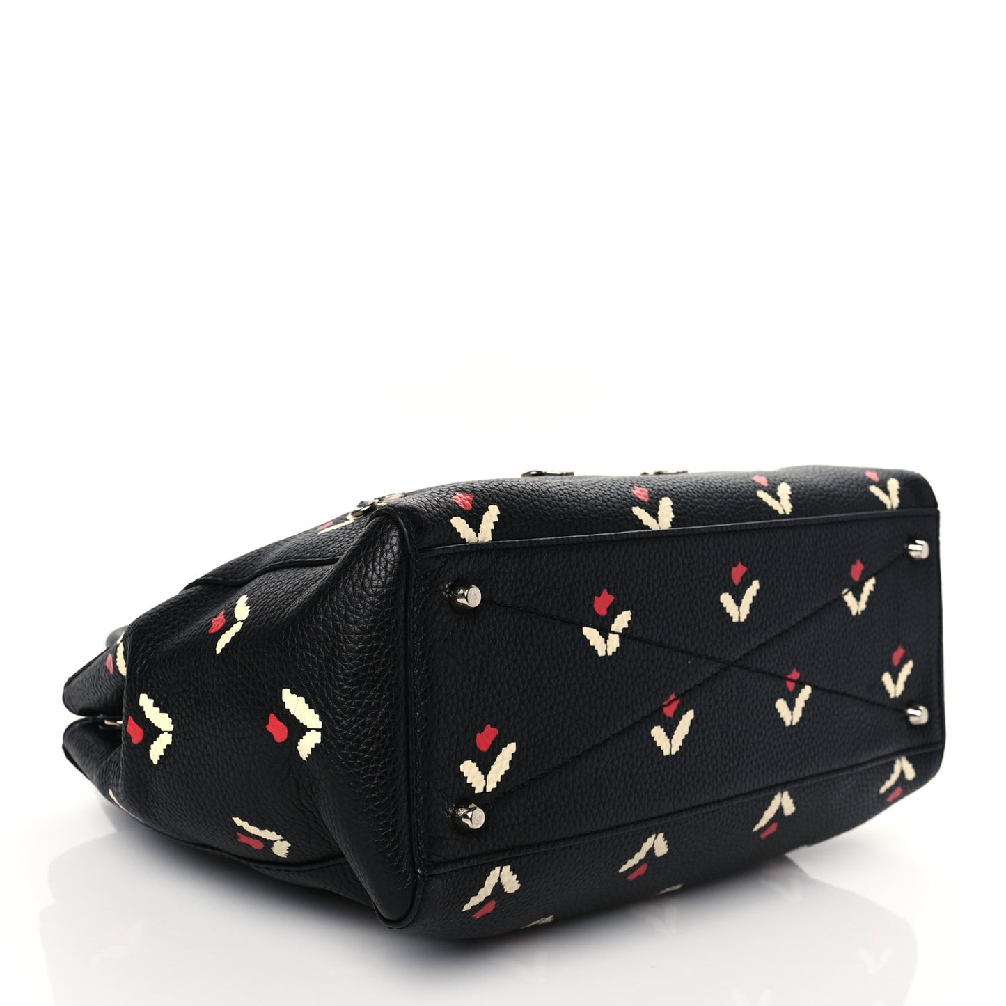 Grained Calfskin Embellished Tulip Print Tote Black Multicolor