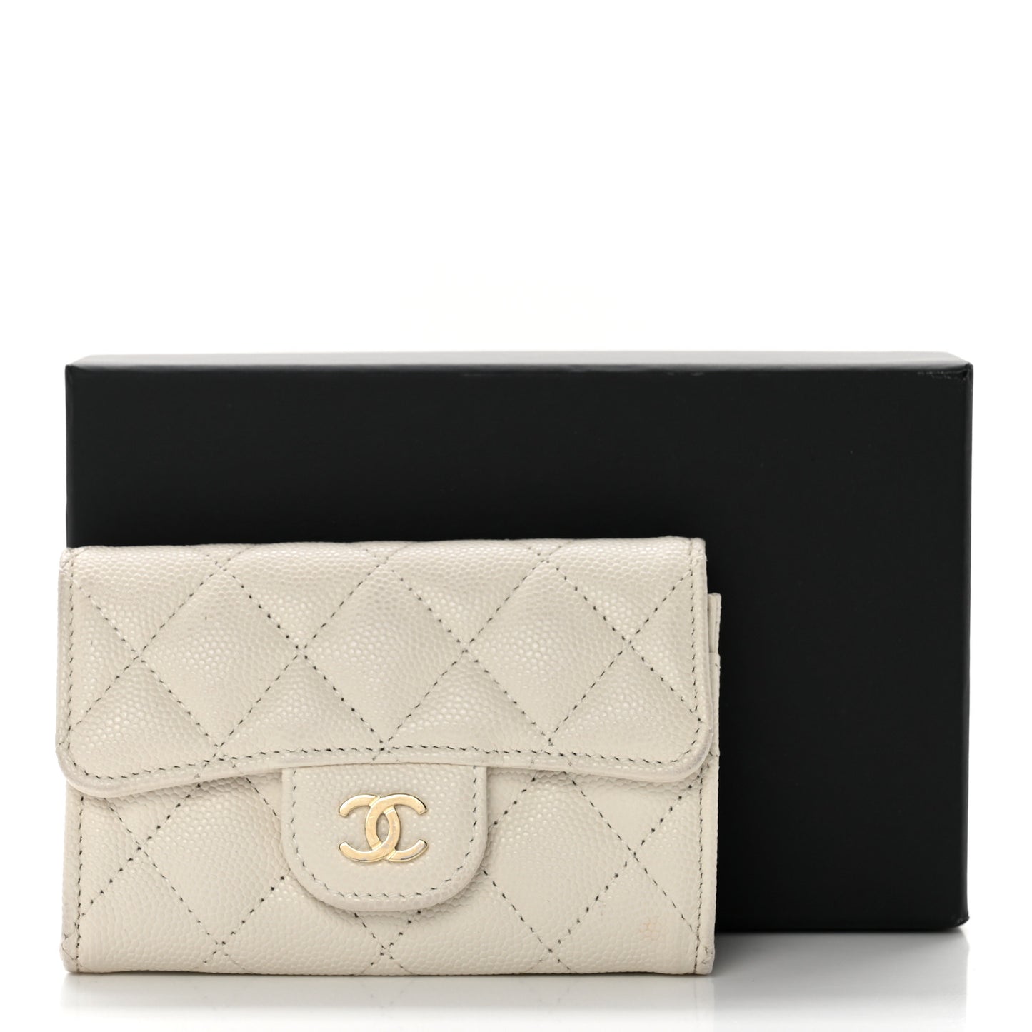 Caviar Quilted Flap Card Holder Wallet White