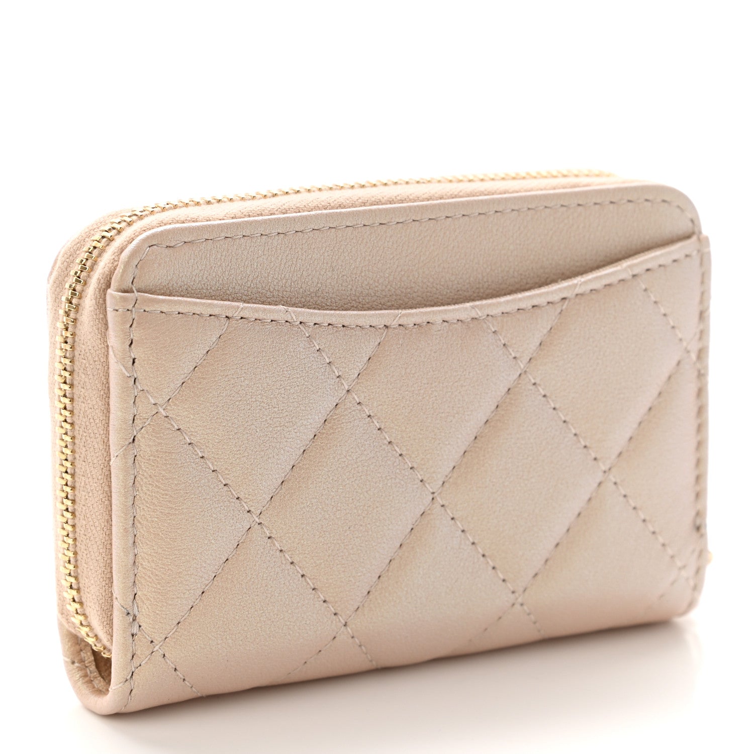 Chanel Iridescent Calfskin Quilted Zip Coin Purse Wallet Beige 3 of 7