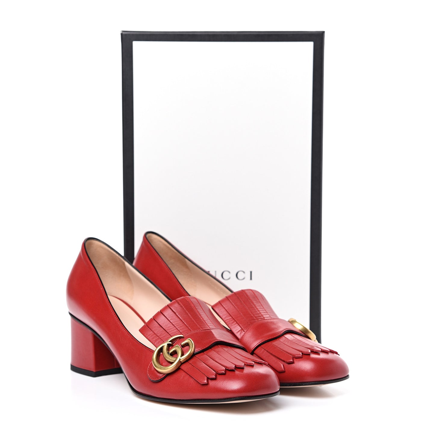 Malaga Kid GG Marmont Fringe 50mm Loafer Pumps 41 Hibiscus Red