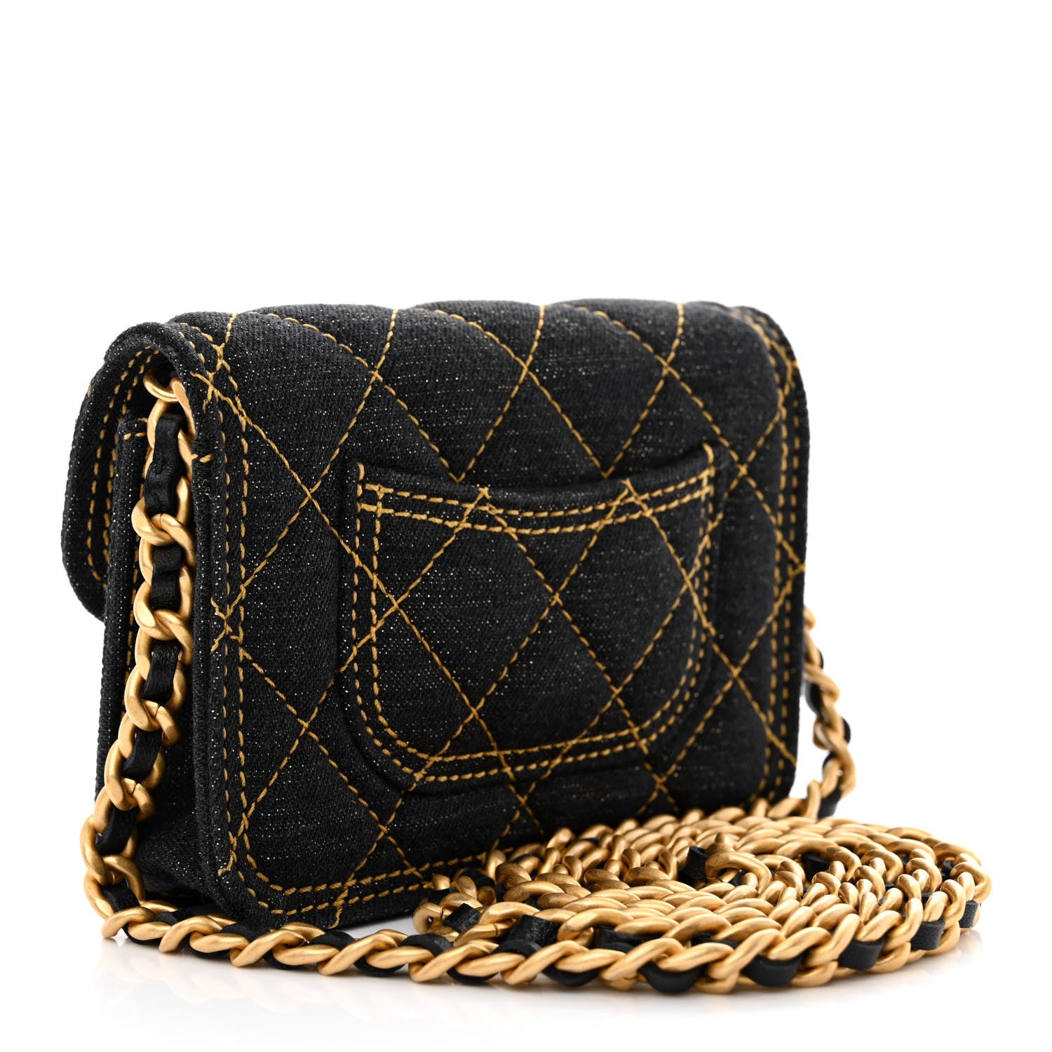 Chanel Denim Quilted Double You Card Holder On Chain Black Golden 3 of 11