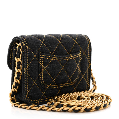 Chanel Denim Quilted Double You Card Holder On Chain Black Golden 3 of 11