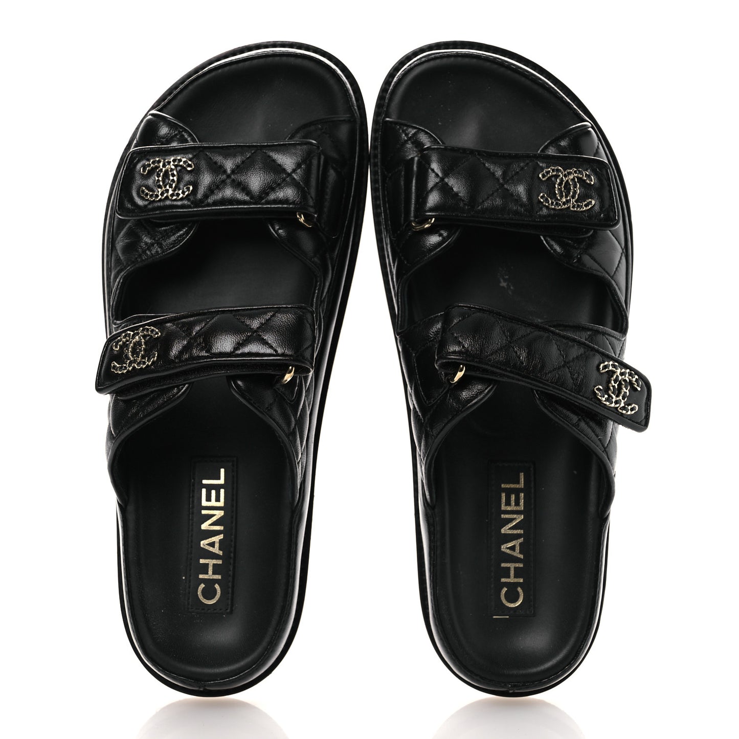 Lambskin Quilted Velcro Dad Chain CC Slide Sandals 39 Black