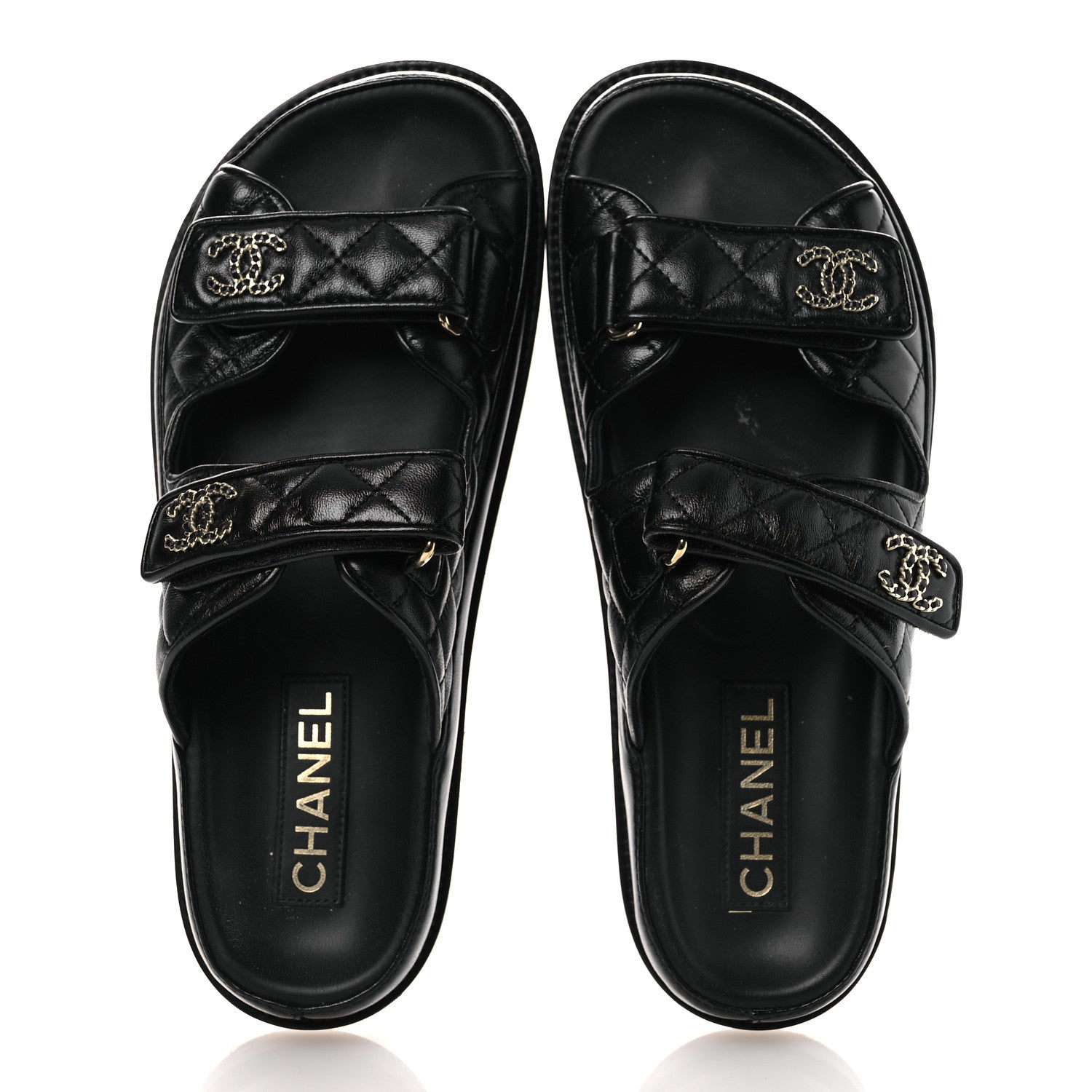Chanel Lambskin Quilted Velcro Dad Chain CC Slide Sandals 39 Black 2 of 13