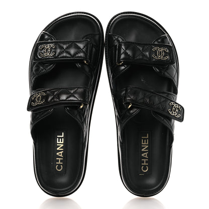 Chanel Lambskin Quilted Velcro Dad Chain CC Slide Sandals 39 Black 2 of 13