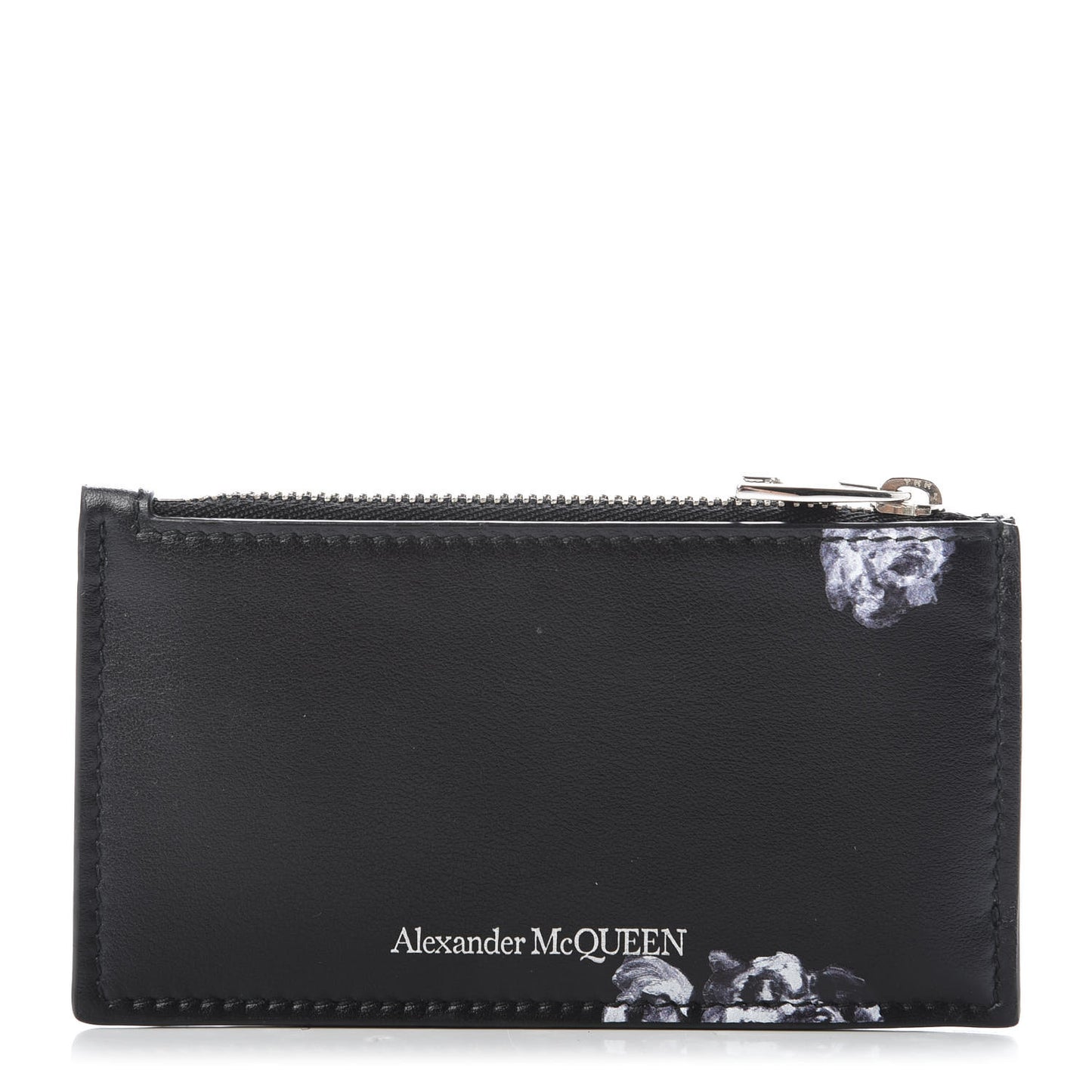 Calfskin Skull Rose 5 Fragments Zip Pouch Card Holder Black