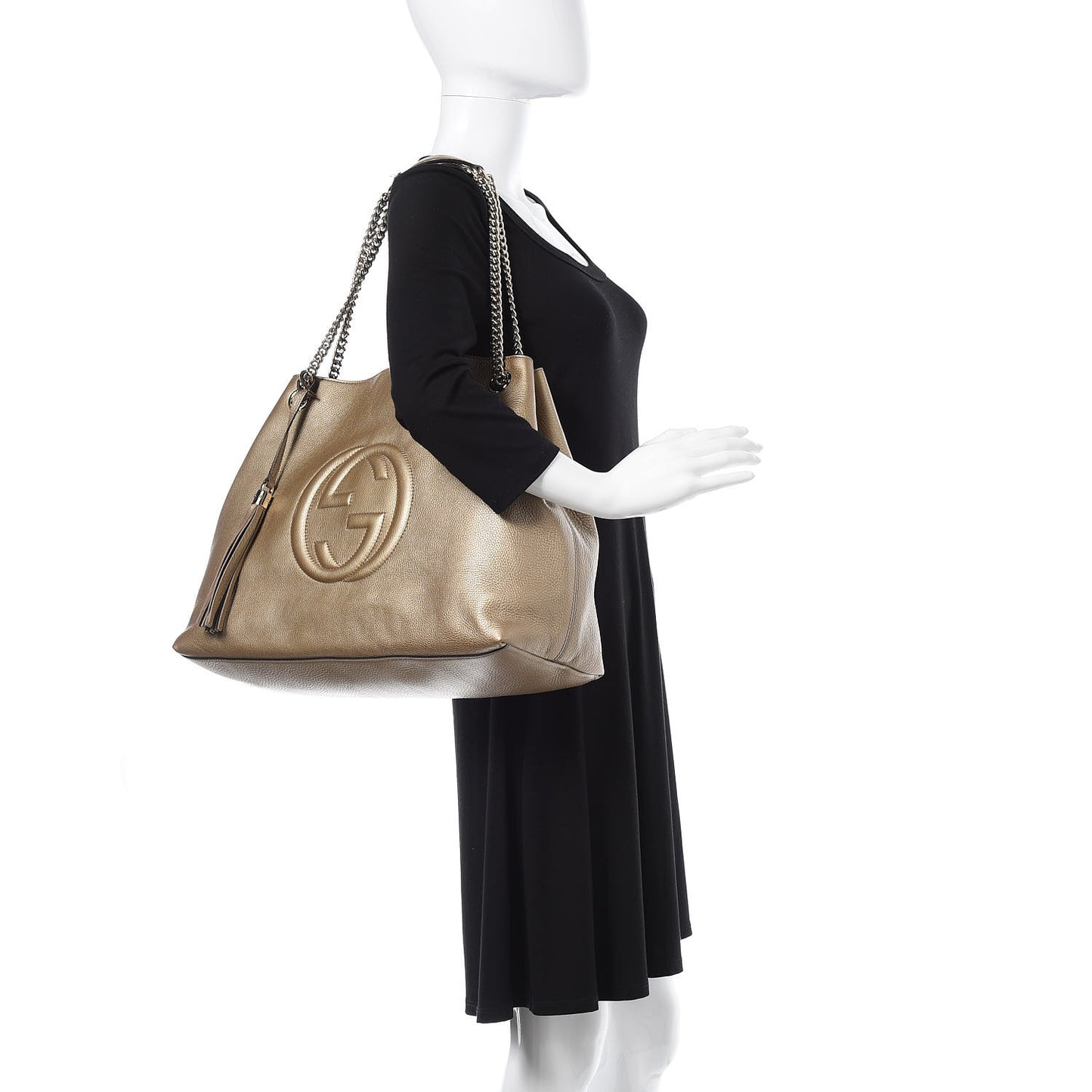 Metallic Pebbled Calfskin Large Soho Chain Shoulder Bag Golden Beige