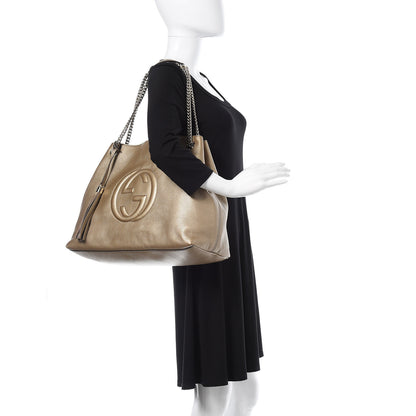 Gucci Metallic Pebbled Calfskin Large Soho Chain Shoulder Bag Golden Beige 2 of 11
