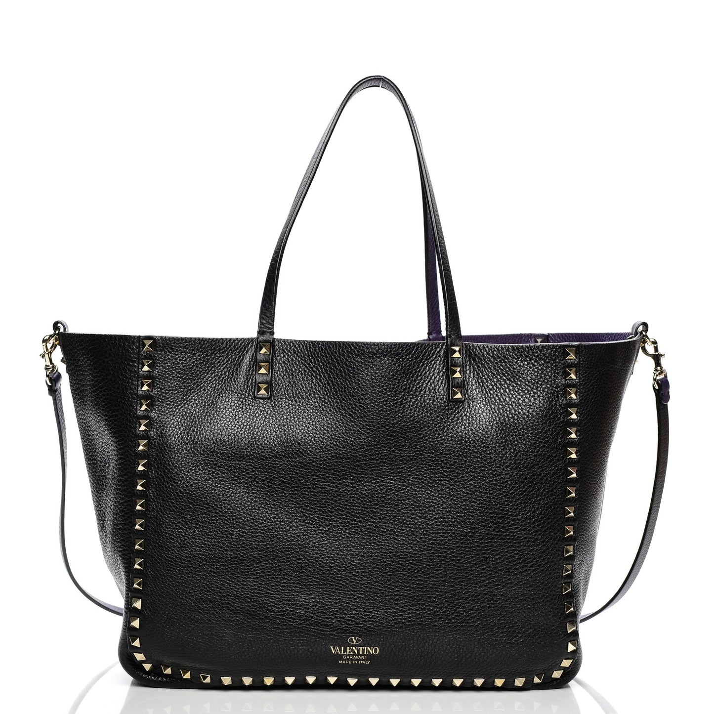 Grained Calfskin Medium Rockstud Reversible Tote Black Purple