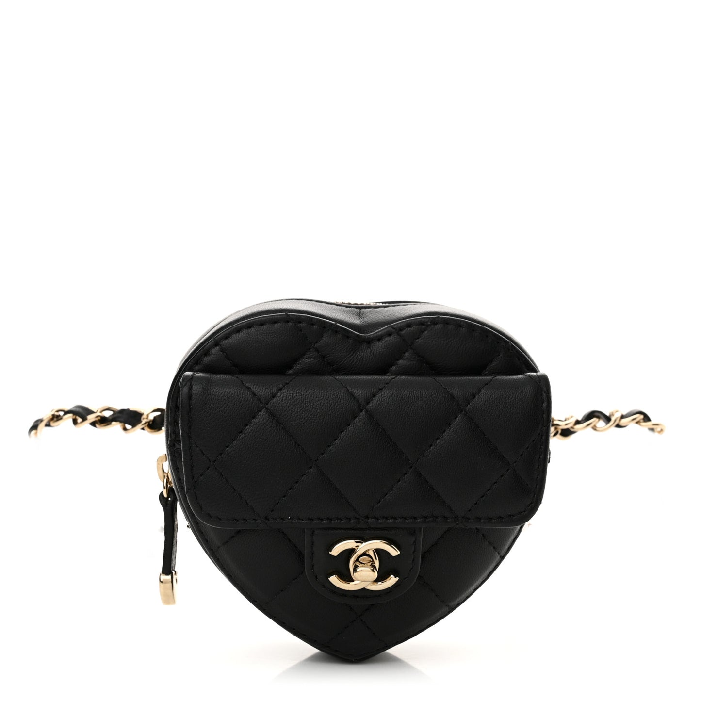 Lambskin Quilted CC In Love Heart Waist Belt Bag With Chain Black