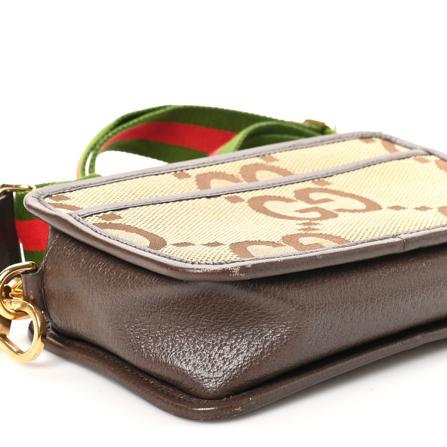 Gucci Monogram Jumbo GG Textured Dollar Calfskin Web Mini Crossbody Bag Camel Ebony New Acero 10 of 11