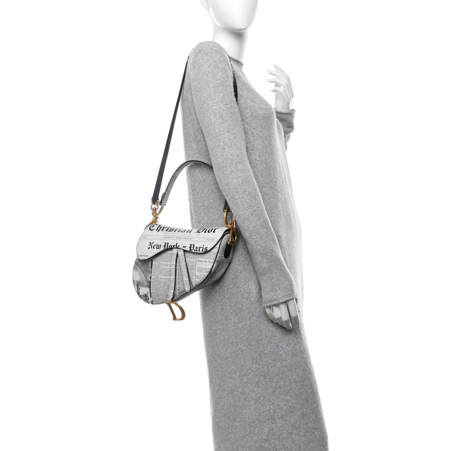 Calfskin Newspaper Printed Saddle Bag With Strap Black White