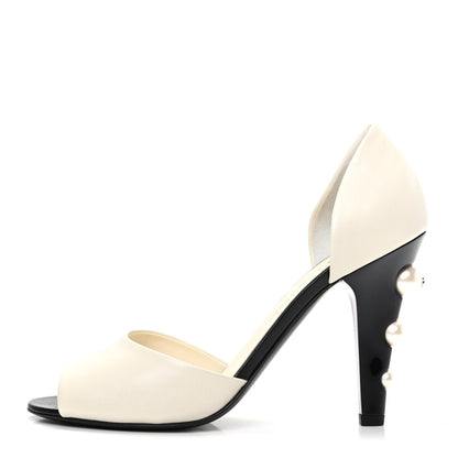 Chanel Lambskin Pearl Peep Toe d'Orsay Pumps 37.5 White Black 1 of 8