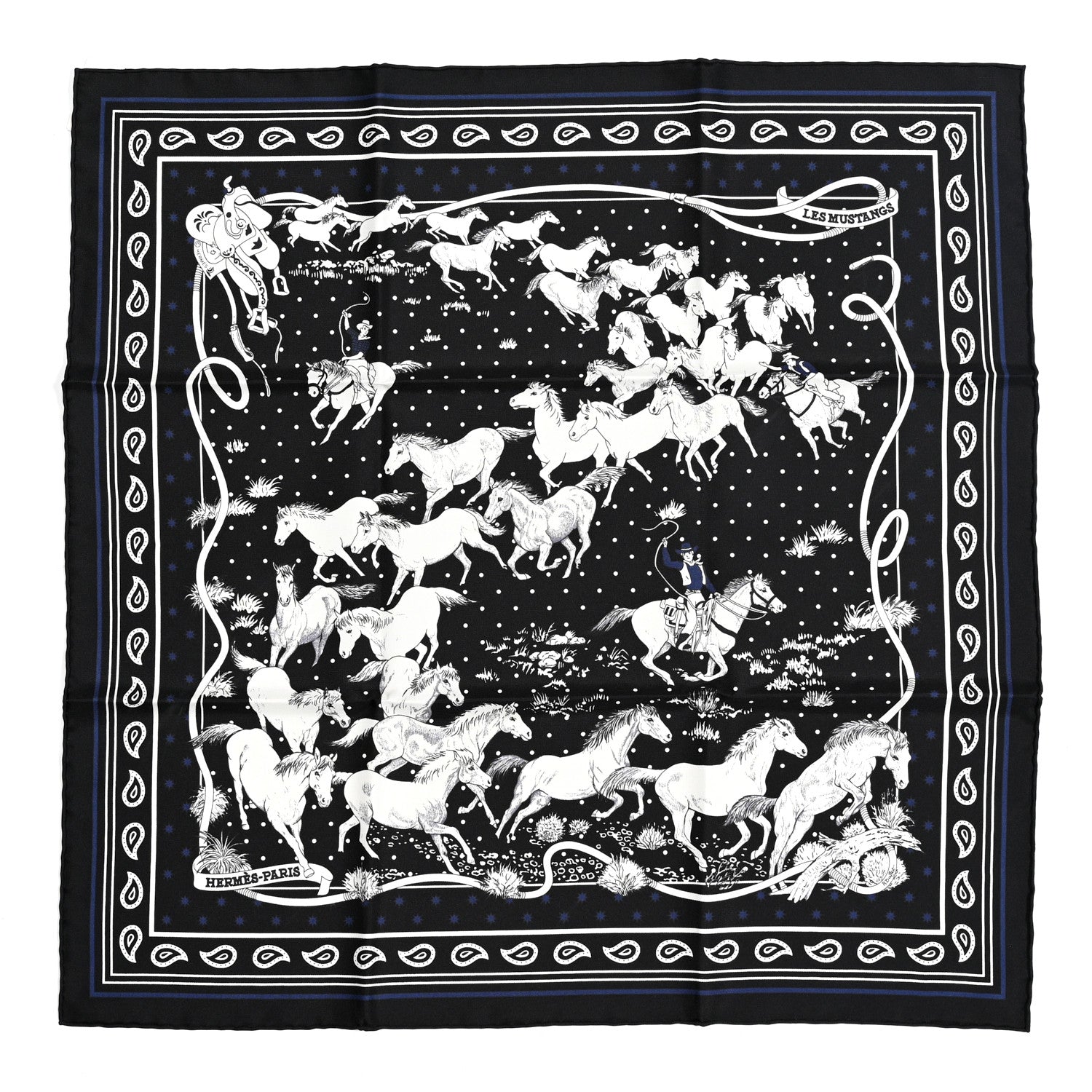 Hermes Silk Les Mustangs Bandana 55 Marine Black White 1 of 6